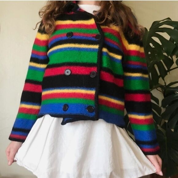 Talbots Vintage 90s Primary Rainbow Striped Double Breasted Wool Cardigan Coat S - Picture 8 of 8